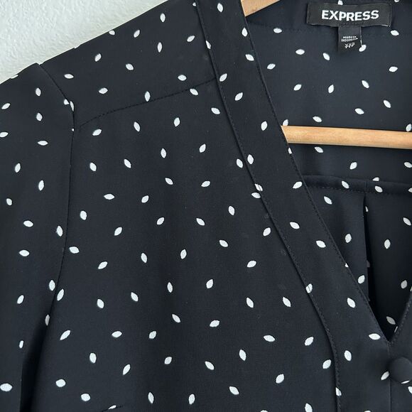 Express Black Semi Sheer Blouse Polka Dot White Leaves Size XXS Career Classic - Picture 5 of 16